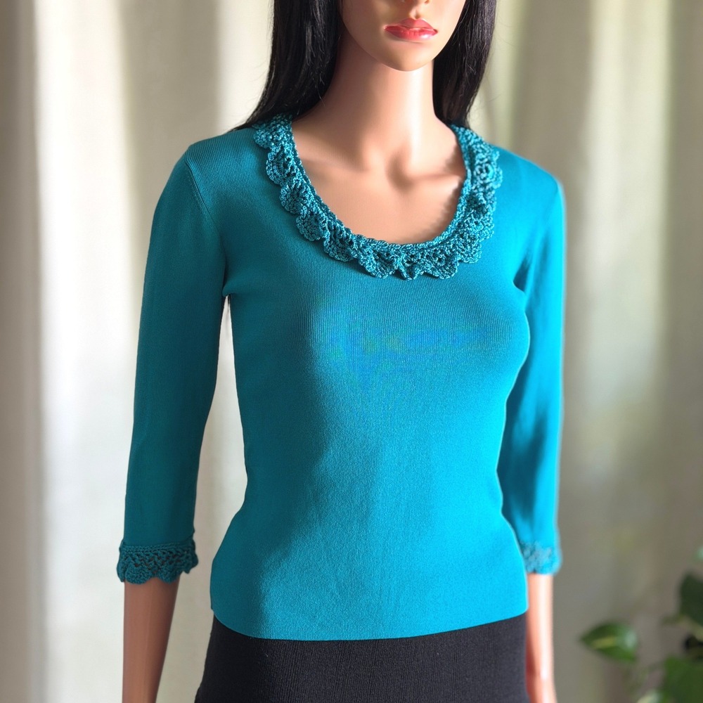 Vtg 90s Y2K Joseph A Blue Crochet Lace Trim Scoop Neck 3/4 Sleeve Knit Top S